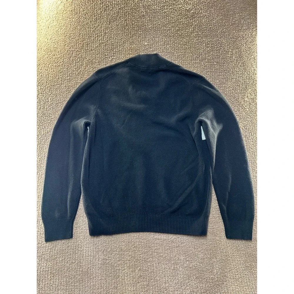 IZOD Mens XL Quarter Zip Sweater Black Grey Striped Cotton Ribbed Knit Pullover